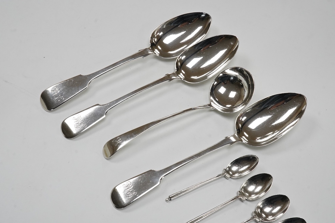 A matched set of three 19th century silver fiddle pattern tablespoons, Josiah Piercy I, London, 1828(2) and The Lias Brothers, London 1831, together with a George III silver Old English pattern sauce ladle Peter & Willia